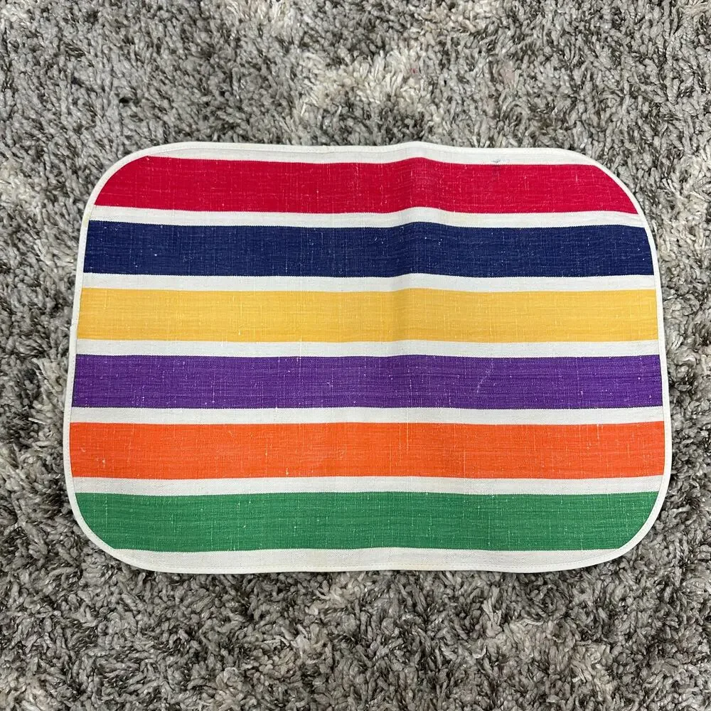 Striped Placemats Round Corners Set of 3 Rainbow Green Striped Picnic Retro